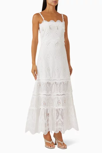 فستان سلمى طويل مزين بلؤلؤ قطن بتطريز مفرغ