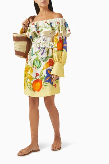 Flores Floral Mini Dress in Linen-viscose Blend