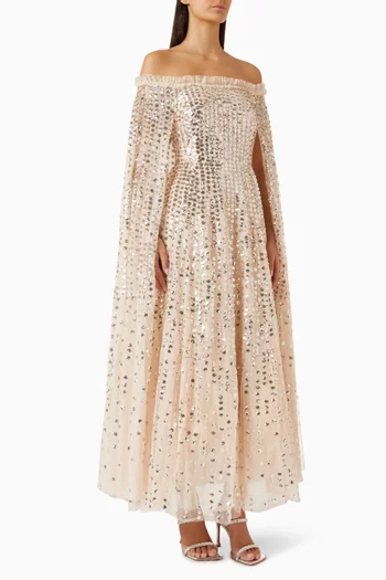 فستان ريندروب بكاب وتطريزات بالترتر تول