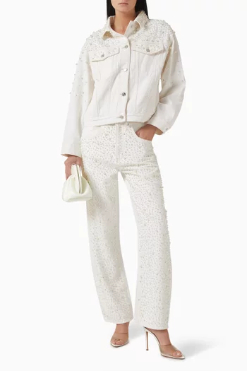 بنطال جينز بقصة واسعة مزينة باللؤلؤ دينم