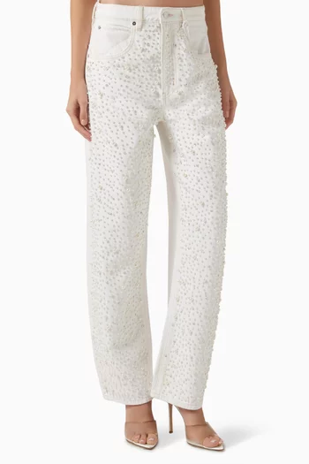 بنطال جينز بقصة واسعة مزينة باللؤلؤ دينم