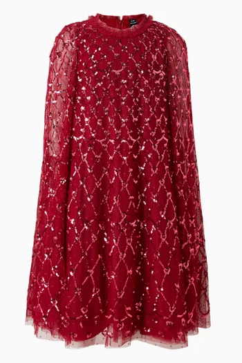 Heart Lattice Sequin-embellished Cape Dress in Tulle