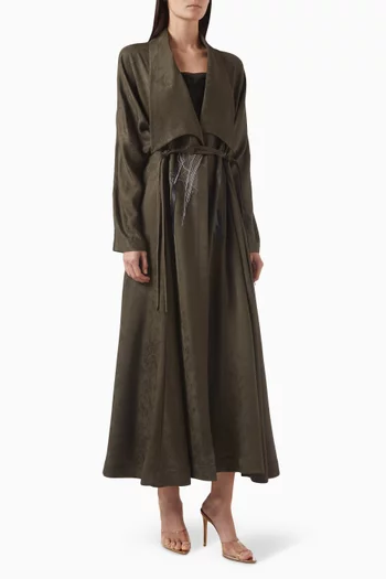 Embroidered Front-tie Abaya in Silk Jacquard