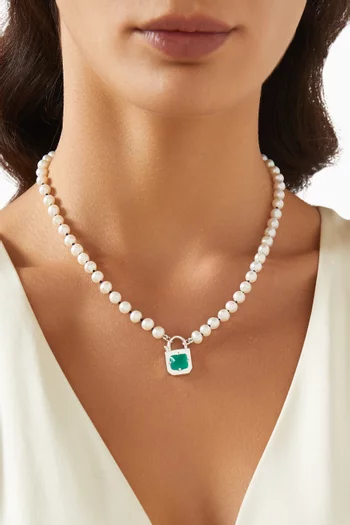 Padlock Emerald-cut Onyx Pearl Necklace in Sterling Silver