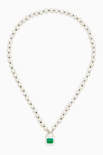 Padlock Emerald-cut Onyx Pearl Necklace in Sterling Silver