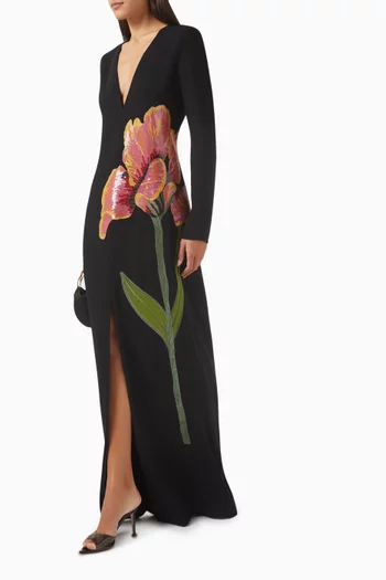 Jennis Floral-applique Gown in Crepe