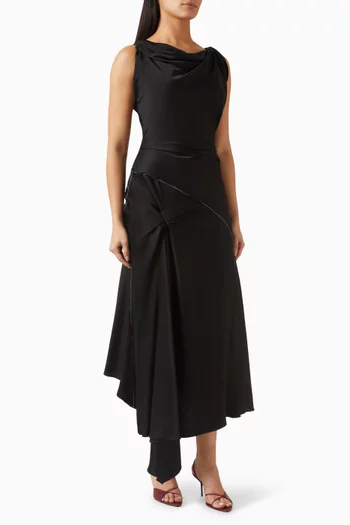 Asymmetric Draped Midi Dress in Crepe-satin