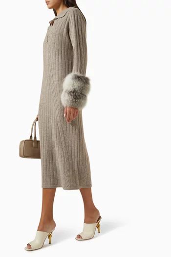 Fur-cuffs Ribbed Midi Dress in Cable-knit