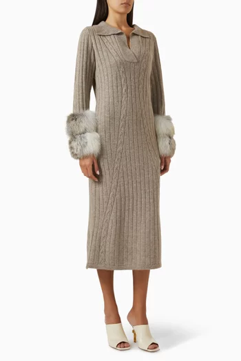 Fur-cuffs Ribbed Midi Dress in Cable-knit