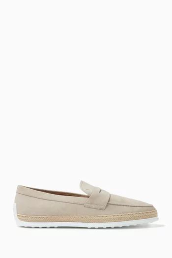 Raffia-trimmed Penny Loafers in Suede