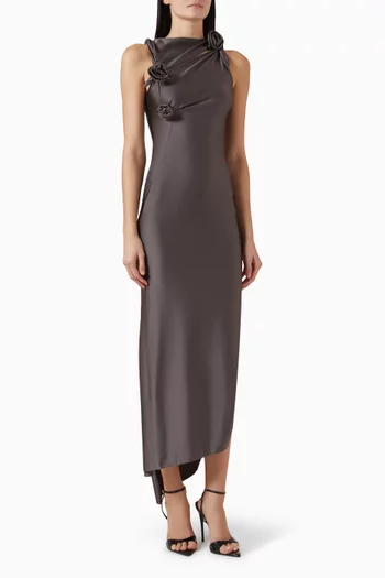 فستان سهرة بتصميم غير متماثل مزين بزهور جيرسيه مطاطي