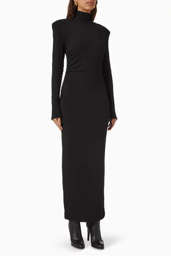 Ruched Turtleneck Maxi Dress in Viscose-knit