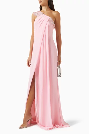 Embroidered One-shoulder Maxi Dress in Chiffon