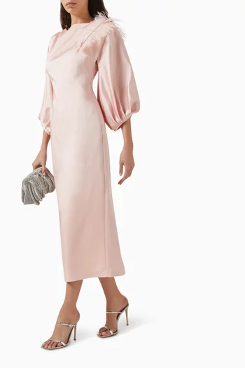 Feather Puffed-sleeve Midi Dress