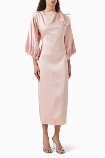 Feather Puffed-sleeve Midi Dress
