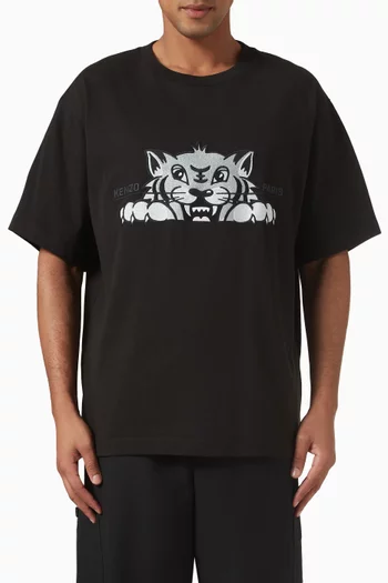 تي شيرت فضفاض مطرز بشعار نمر يبتسم قطن