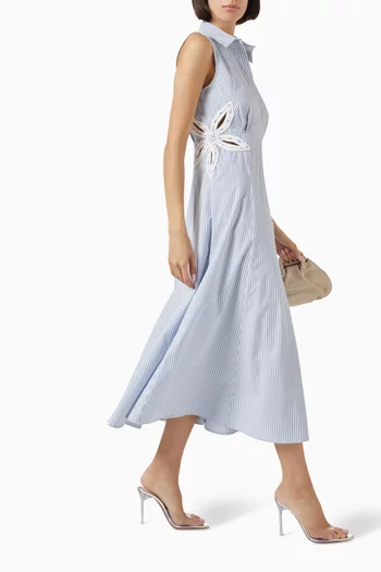 Floral-embellished Striped Midi Dress in Cotton