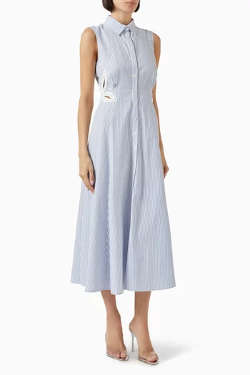 Floral-embellished Striped Midi Dress in Cotton
