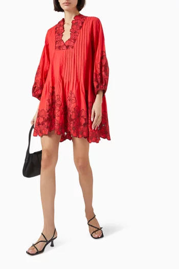 Floral-embroidered Mini Dress in Cotton