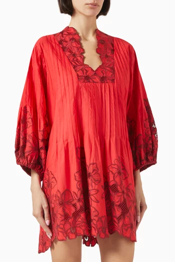 Floral-embroidered Mini Dress in Cotton