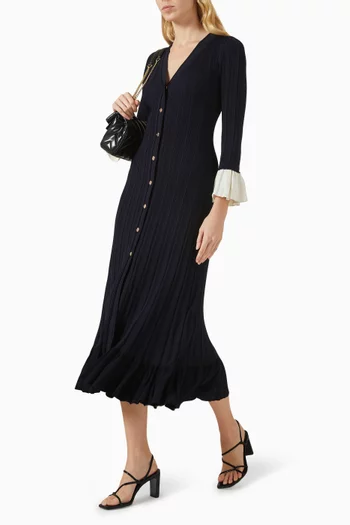 فستان متوسط الطول بتصميم منسوج وحافة كشكش مزيج فيسكوز