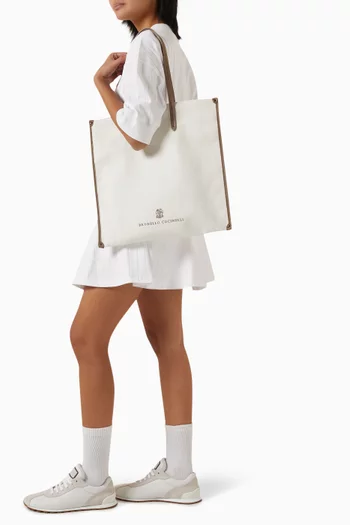 Logo-embroidered Shopper Bag in Canvas & Leather