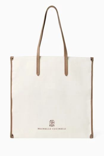 Logo-embroidered Shopper Bag in Canvas & Leather