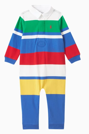 Striped Polo-collar Overalls in Cotton-jersey