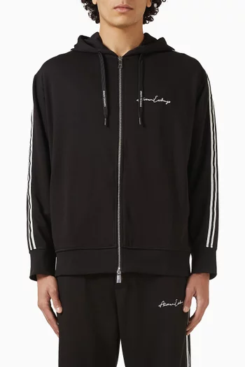 كنزة بغطاء رأس بسحّاب وشعار الماركة مزيج قطن