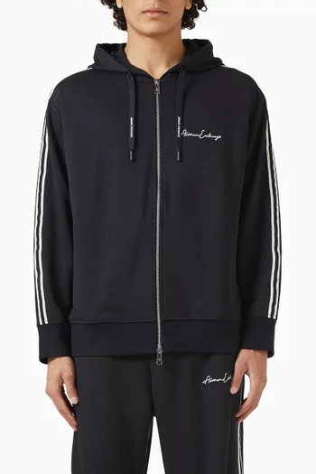 كنزة بغطاء رأس بسحّاب وشعار الماركة مزيج قطن