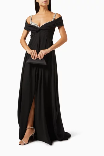 Bead-embellished Draped Dress in Crepe Georgette