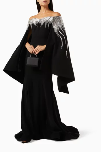 Bead Embellished Off-shoulder Gown in Stretch Crepe