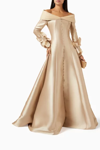 Off-shoulder Floral Applique Gown