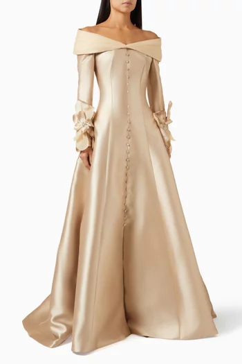 Off-shoulder Floral Applique Gown