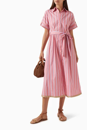 Striped Belted Shirtdress in Cotton Blend