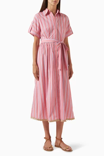Striped Belted Shirtdress in Cotton Blend