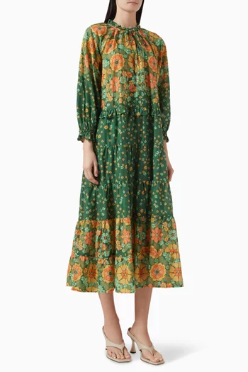Poseidon Ruffle Neck Maxi Dress in Cotton Voile