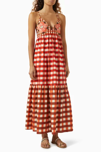 Gingham Embroidered Maxi Dress in Cotton