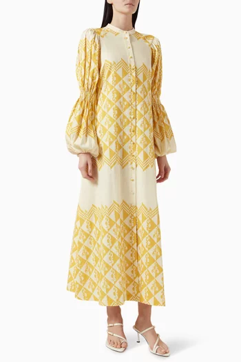 Seahorse Bubble-sleeve Maxi Dress in Cotton
