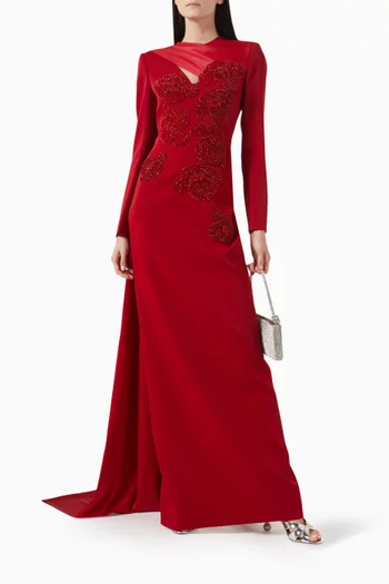 Crystal-embellished Floral Applique Cape Gown