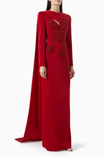 Crystal-embellished Floral Applique Cape Gown