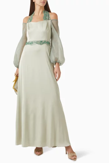 Embellished Flared Maxi Dress in Silk & Lace
