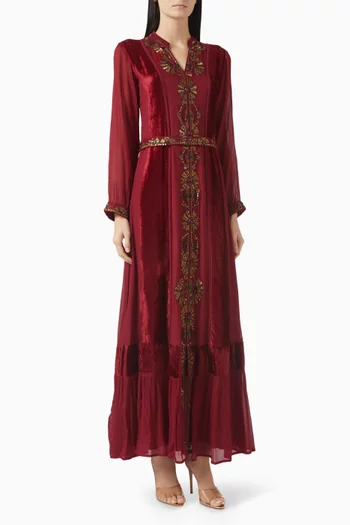 Beaded Maxi Dress in Crepe & Velvet