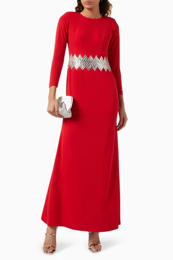 Crystal Belted Maxi Dress in Crepe