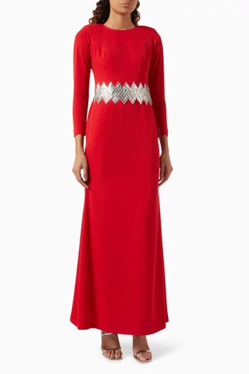 Crystal Belted Maxi Dress in Crepe
