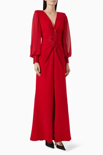 فستان سهرة بفتحة رقبة V وزهور كريب