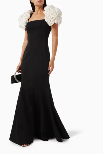 Rose-applique Gown in Crepe & Silk