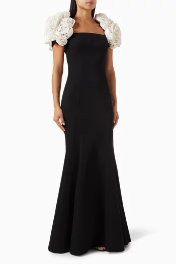 Rose-applique Gown in Crepe & Silk