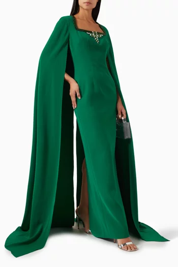 Crystal-embellished Cape Gown in Crepe