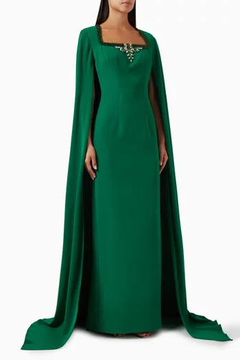 Crystal-embellished Cape Gown in Crepe